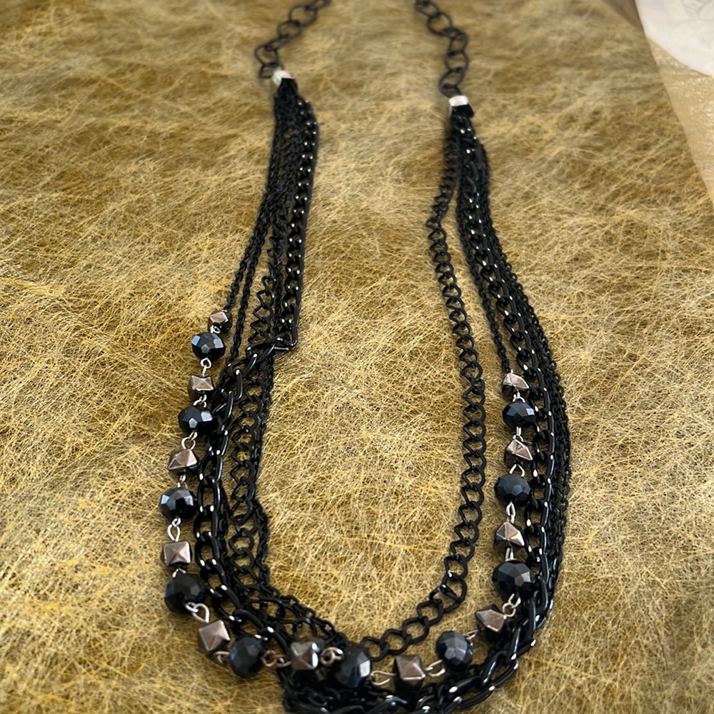 Black link and silver beaded 18” long necklace